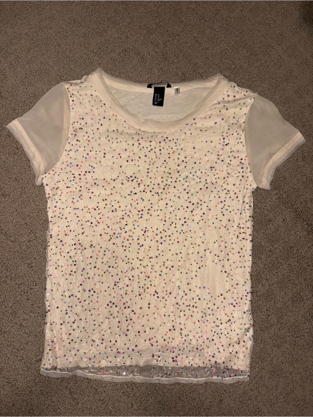 H&M Brand, Women’s Size XS, Like NEW, Off-White/Cream Short-Sleeve Sequin Mesh T